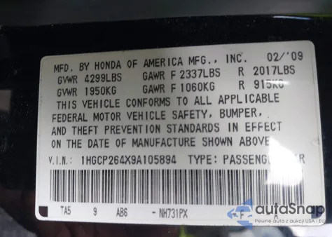 2009 Honda Accord 2.4 Lx-P из США, поврежденный, VIN 1HGCP264X9A105894